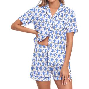 image:imageSWOMOG Women 2 Piece Pajamas Sets Short Sleeve Pj Sets Cute Printed Sleepwear Button Down Shirt with Lounge Shorts SetBlue Monkey
