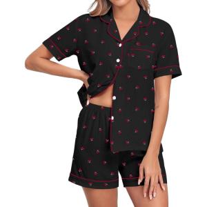 image:imageSWOMOG Women 2 Piece Pajamas Sets Short Sleeve Pj Sets Cute Printed Sleepwear Button Down Shirt with Lounge Shorts SetCherry Black