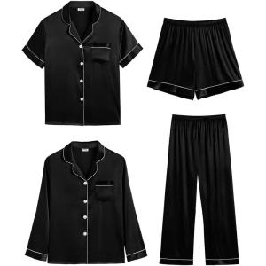 image:imageSWOMOG Women 4Pcs Silk Pajamas Set Button Down Sleepwear Loungewear Pj Sets for Ladies NightwearBlack