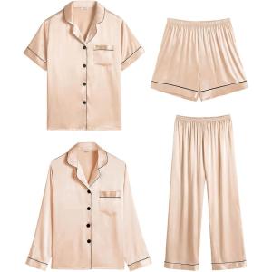 image:imageSWOMOG Women 4Pcs Silk Pajamas Set Button Down Sleepwear Loungewear Pj Sets for Ladies NightwearChampagne