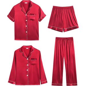 image:imageSWOMOG Women 4Pcs Silk Pajamas Set Button Down Sleepwear Loungewear Pj Sets for Ladies NightwearChristmas Red