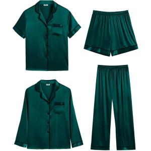 image:imageSWOMOG Women 4Pcs Silk Pajamas Set Button Down Sleepwear Loungewear Pj Sets for Ladies NightwearDeep Green