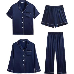 image:imageSWOMOG Women 4Pcs Silk Pajamas Set Button Down Sleepwear Loungewear Pj Sets for Ladies NightwearDeep Navy Blue