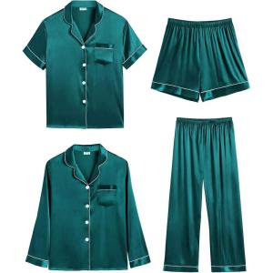 image:imageSWOMOG Women 4Pcs Silk Pajamas Set Button Down Sleepwear Loungewear Pj Sets for Ladies NightwearGreen