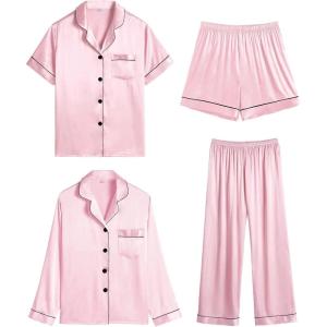 image:imageSWOMOG Women 4Pcs Silk Pajamas Set Button Down Sleepwear Loungewear Pj Sets for Ladies NightwearPink