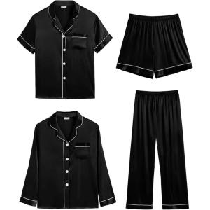 image:imageSWOMOG Women 4Pcs Silk Pajamas Set Button Down Sleepwear Loungewear Pj Sets for Ladies NightwearZ Double Piping  Black