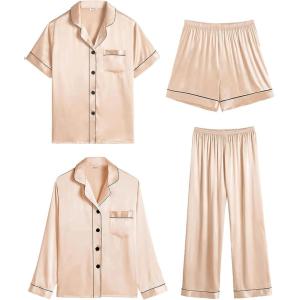 image:imageSWOMOG Women 4Pcs Silk Pajamas Set Button Down Sleepwear Loungewear Pj Sets for Ladies NightwearZ Double Piping  Champagne