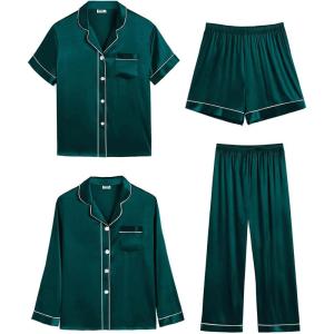 image:imageSWOMOG Women 4Pcs Silk Pajamas Set Button Down Sleepwear Loungewear Pj Sets for Ladies NightwearZ Double Piping  Deep Green