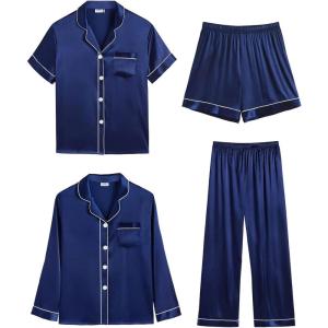 image:imageSWOMOG Women 4Pcs Silk Pajamas Set Button Down Sleepwear Loungewear Pj Sets for Ladies NightwearZ Double Piping  Navy Blue