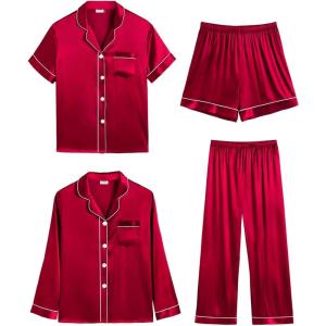image:imageSWOMOG Women 4Pcs Silk Pajamas Set Button Down Sleepwear Loungewear Pj Sets for Ladies NightwearZ Double Piping  Red