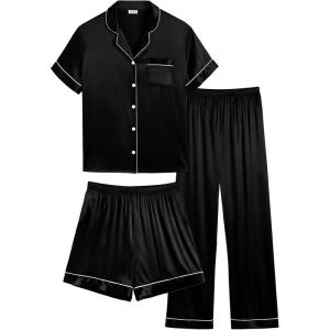 image:imageSWOMOG Women Plus Size Pajama Set Button Down Pjs 3pcs Silk Satin Sleepwear Loose Shorts Sleeve Loungewear 18W26WBlack