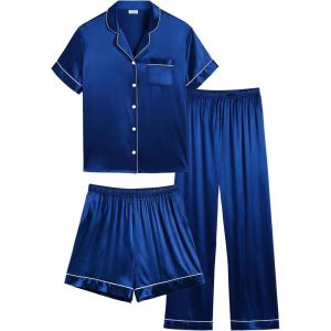image:imageSWOMOG Women Plus Size Pajama Set Button Down Pjs 3pcs Silk Satin Sleepwear Loose Shorts Sleeve Loungewear 18W26WNavy Blue