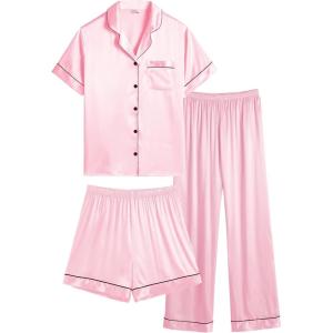 image:imageSWOMOG Women Plus Size Pajama Set Button Down Pjs 3pcs Silk Satin Sleepwear Loose Shorts Sleeve Loungewear 18W26WPink
