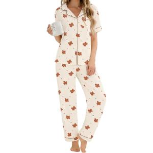image:imageSWOMOG Womens 2 Piece Pajama Sets Shorts Sleeve Pajamas Cute Pj Set Lounge Matching Pjs Button Shirt with Long PantsBeige Bear