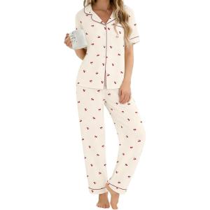 image:imageSWOMOG Womens 2 Piece Pajama Sets Shorts Sleeve Pajamas Cute Pj Set Lounge Matching Pjs Button Shirt with Long PantsBeige Cherry