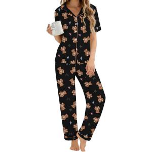 image:imageSWOMOG Womens 2 Piece Pajama Sets Shorts Sleeve Pajamas Cute Pj Set Lounge Matching Pjs Button Shirt with Long PantsBlack Brown Bear