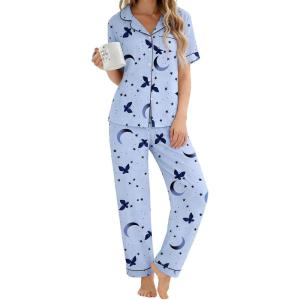 image:imageSWOMOG Womens 2 Piece Pajama Sets Shorts Sleeve Pajamas Cute Pj Set Lounge Matching Pjs Button Shirt with Long PantsBlue Butterfly
