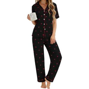 image:imageSWOMOG Womens 2 Piece Pajama Sets Shorts Sleeve Pajamas Cute Pj Set Lounge Matching Pjs Button Shirt with Long PantsCherry Black