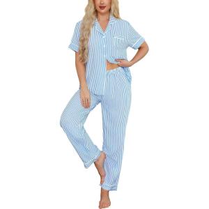 image:imageSWOMOG Womens 2 Piece Pajama Sets Shorts Sleeve Pajamas Cute Pj Set Lounge Matching Pjs Button Shirt with Long PantsLight Blue Striped