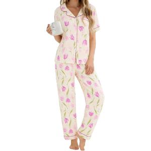 image:imageSWOMOG Womens 2 Piece Pajama Sets Shorts Sleeve Pajamas Cute Pj Set Lounge Matching Pjs Button Shirt with Long PantsPink Purple Flower