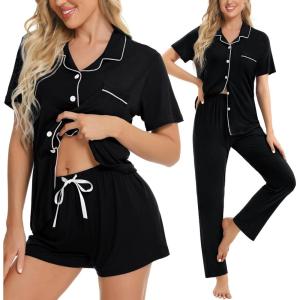 image:imageSWOMOG Womens 3pcs Button Down Pajamas Set Short Sleeve Sleepwear Bride Pj Lounge Set with Long PantsBlack