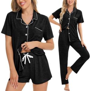 image:imageSWOMOG Womens 3pcs Button Down Pajamas Set Short Sleeve Sleepwear Bride Pj Lounge Set with Long PantsBlack Grey