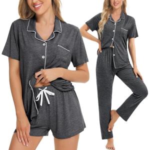 image:imageSWOMOG Womens 3pcs Button Down Pajamas Set Short Sleeve Sleepwear Bride Pj Lounge Set with Long PantsDeep Grey