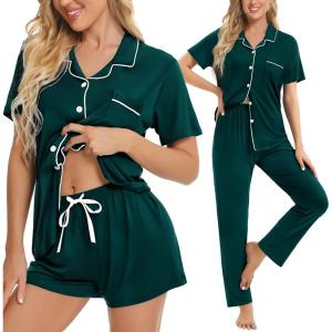 image:imageSWOMOG Womens 3pcs Button Down Pajamas Set Short Sleeve Sleepwear Bride Pj Lounge Set with Long PantsEmerald