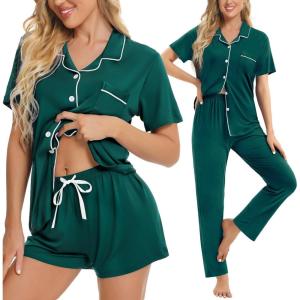 image:imageSWOMOG Womens 3pcs Button Down Pajamas Set Short Sleeve Sleepwear Bride Pj Lounge Set with Long PantsGreen