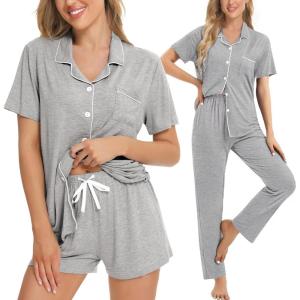 image:imageSWOMOG Womens 3pcs Button Down Pajamas Set Short Sleeve Sleepwear Bride Pj Lounge Set with Long PantsGrey