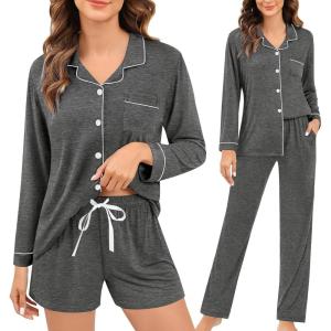 image:imageSWOMOG Womens 3pcs Button Down Pajamas Set Short Sleeve Sleepwear Bride Pj Lounge Set with Long PantsLong Sleeve Deep Grey
