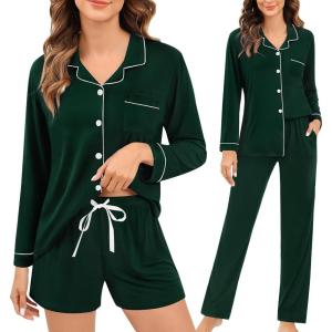 image:imageSWOMOG Womens 3pcs Button Down Pajamas Set Short Sleeve Sleepwear Bride Pj Lounge Set with Long PantsLong Sleeve Green