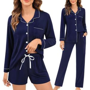 image:imageSWOMOG Womens 3pcs Button Down Pajamas Set Short Sleeve Sleepwear Bride Pj Lounge Set with Long PantsLong Sleeve Navy Blue