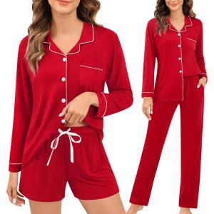image:imageSWOMOG Womens 3pcs Button Down Pajamas Set Short Sleeve Sleepwear Bride Pj Lounge Set with Long PantsLong Sleeve Red
