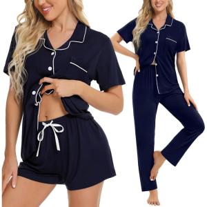 image:imageSWOMOG Womens 3pcs Button Down Pajamas Set Short Sleeve Sleepwear Bride Pj Lounge Set with Long PantsNavy Blue