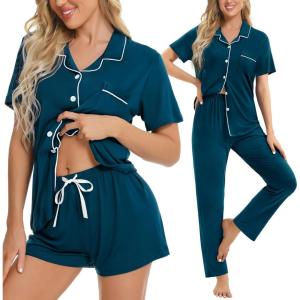 image:imageSWOMOG Womens 3pcs Button Down Pajamas Set Short Sleeve Sleepwear Bride Pj Lounge Set with Long PantsOxford Blue