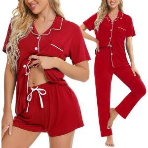 image:imageSWOMOG Womens 3pcs Button Down Pajamas Set Short Sleeve Sleepwear Bride Pj Lounge Set with Long PantsRed