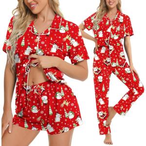 image:imageSWOMOG Womens 3pcs Button Down Pajamas Set Short Sleeve Sleepwear Bride Pj Lounge Set with Long PantsSnowman