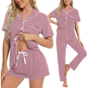image:imageSWOMOG Womens 3pcs Button Down Pajamas Set Short Sleeve Sleepwear Bride Pj Lounge Set with Long PantsTaro Purple