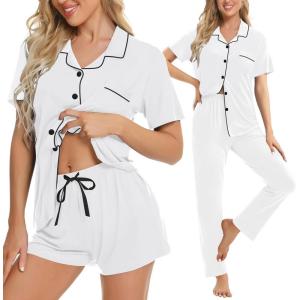 image:imageSWOMOG Womens 3pcs Button Down Pajamas Set Short Sleeve Sleepwear Bride Pj Lounge Set with Long PantsWhite