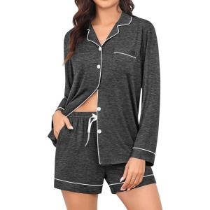 image:imageSWOMOG Womens Pajama Sets Long Sleeve and Shorts Pajamas Button Down Pjs 2 PCS Sleepwear Lounge Set with PocketsDeep Grey