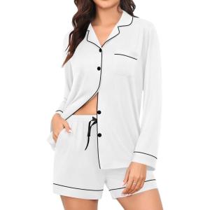 image:imageSWOMOG Womens Pajama Sets Long Sleeve and Shorts Pajamas Button Down Pjs 2 PCS Sleepwear Lounge Set with PocketsWhite