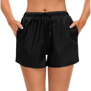 image:imageSWOMOG Womens Silk Stain Pajama Shorts Pj Bottoms with Pockets Drawstring Sleep Shorts Boxer Soft Lounge ShortsBlack
