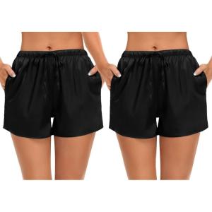 image:imageSWOMOG Womens Silk Stain Pajama Shorts Pj Bottoms with Pockets Drawstring Sleep Shorts Boxer Soft Lounge ShortsBlackBlack