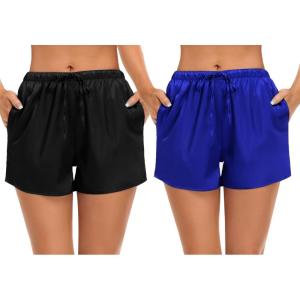 image:imageSWOMOG Womens Silk Stain Pajama Shorts Pj Bottoms with Pockets Drawstring Sleep Shorts Boxer Soft Lounge ShortsBlackBlue
