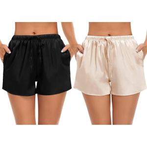 image:imageSWOMOG Womens Silk Stain Pajama Shorts Pj Bottoms with Pockets Drawstring Sleep Shorts Boxer Soft Lounge ShortsBlackChampagne