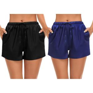 image:imageSWOMOG Womens Silk Stain Pajama Shorts Pj Bottoms with Pockets Drawstring Sleep Shorts Boxer Soft Lounge ShortsBlackNavy Blue