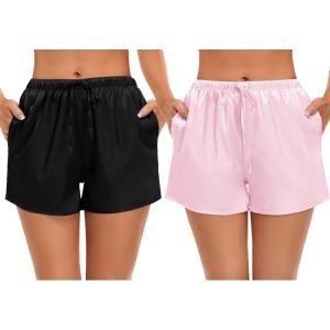 image:imageSWOMOG Womens Silk Stain Pajama Shorts Pj Bottoms with Pockets Drawstring Sleep Shorts Boxer Soft Lounge ShortsBlackPink