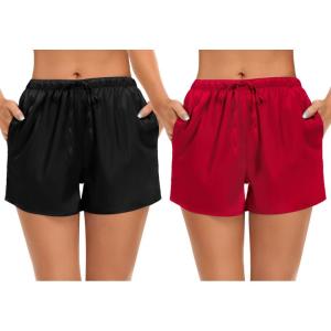 image:imageSWOMOG Womens Silk Stain Pajama Shorts Pj Bottoms with Pockets Drawstring Sleep Shorts Boxer Soft Lounge ShortsBlackRed