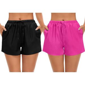 image:imageSWOMOG Womens Silk Stain Pajama Shorts Pj Bottoms with Pockets Drawstring Sleep Shorts Boxer Soft Lounge ShortsBlackRose Red
